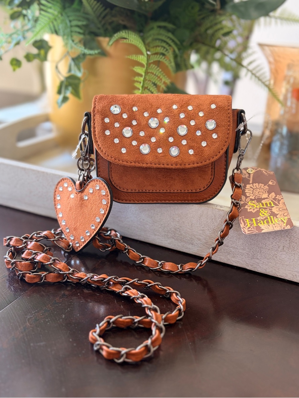 Suede Crossbody Bag with heart Key chain bag charm and Crystal Accents